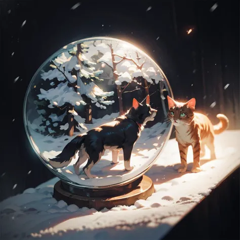 there is a cat and a dog standing in a snow globe