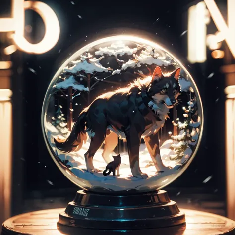 a close up of a snow globe with a dog inside of it