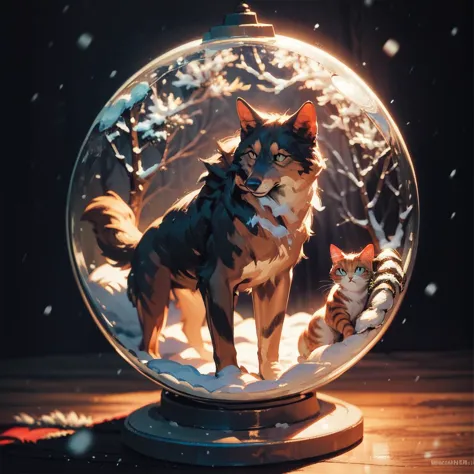 there is a snow globe with a dog and cats inside