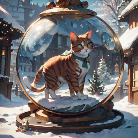 there is a cat standing inside of a snow globe in the snow