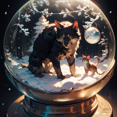 there is a snow globe with a cat and two kittens inside