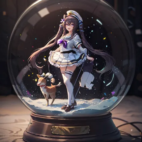 <lora:snow_globe:0.8>, snow_globe,absurdres, highres, ultra detailed, smile,open mouth,standing, looking at viewer,tracen school uniform, summer uniform, serafuku, puffy short sleeves, bowtie, horseshoe ornament, sailor collar, sailor shirt, frills, white skirt, purple shirt, miniskirt, zettai ryouiki, white thighhighs, brown footwear, shoes,<lora:viblos_v1:0.65>,viblos \(umamusume\),twintails, brown hair, long hair, hat,large breasts, purple eyes, multicolored hair, ear ornament, hair ribbon,