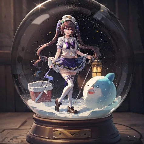 a close up of a snow globe with a girl and a penguin