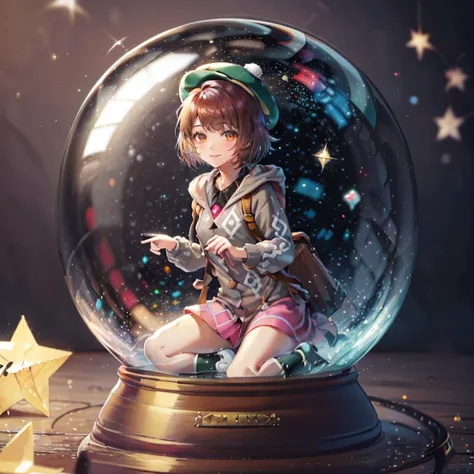 a close up of a snow globe with a girl sitting on it