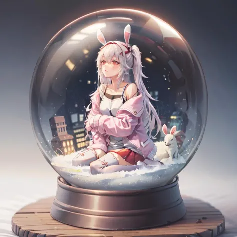 anime girl sitting in snow globe with city in background