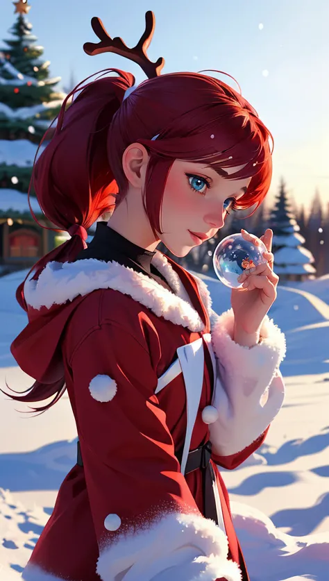 a close up of a person in a red coat holding a snow globe