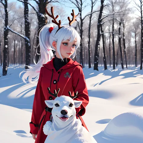 anime girl in red coat with reindeer horns and a snowman