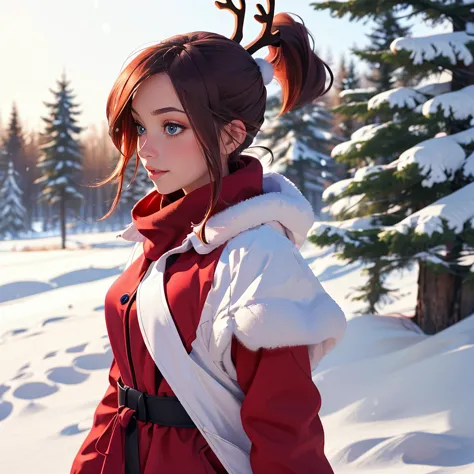 anime girl in red coat with reindeer horns in snowy forest