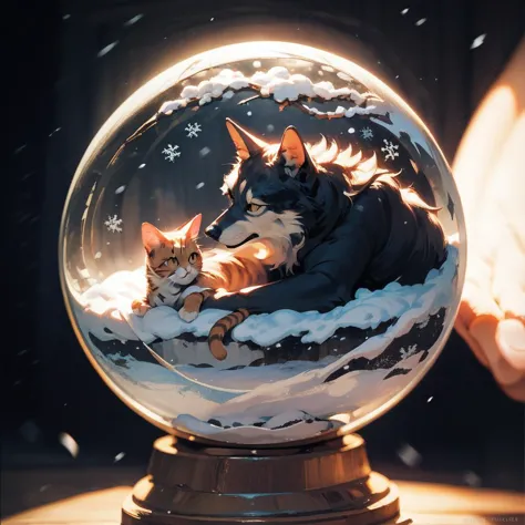 there is a snow globe with two cats inside of it