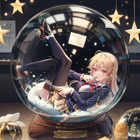 anime girl in a snow globe with stars and a clock