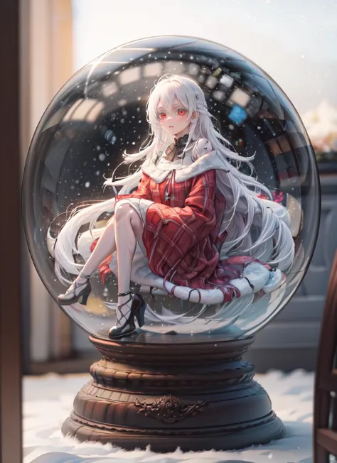 ((best quality)), ((highly detailed)), masterpiece, absurdres, (detailed eyes, deep eyes), (1girl), <lora:snow_globe:.9>, snow_globe, in container, <lora:hairdetailer:.7>, albino, white hair, ((very long hair)), red eyes, <lora:whiteeyelash:1.5>, eyelashes, very pale skin, <lora:skinnyv2:1>, skinny, (long legs), long arms, (outside, in a mansion, dawn)