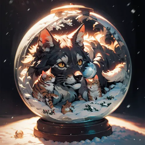 there is a snow globe with a cat and a bird inside