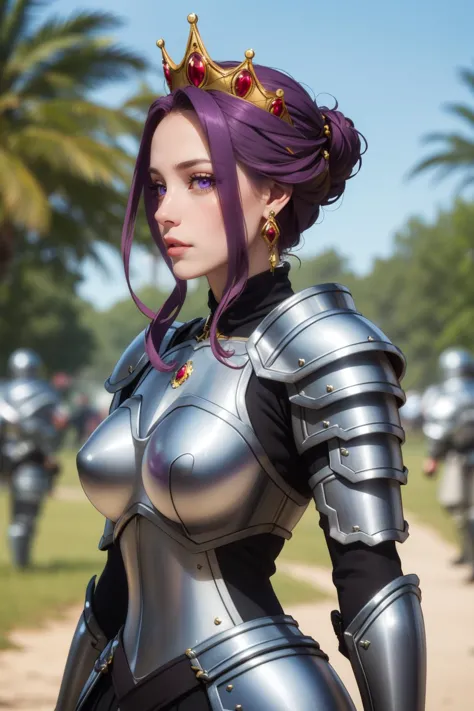 photorealistic, (4k), depth of field, (Masterpiece), (realistic skin texture), extremely detailed, intricate, hyper detailed, professional photography, bokeh, high resolution, sharp detail, best quality, woman, purple hair, purple eyes, armor, breastplate, armored dress, crown, earrings,  <lora:GoodHands-vanilla:1> , <lora:detail_slider_v4:0.8> , <lora:Mirelia Q Melromarc:0.7> , dynamic pose, (chin in hand), battlefield,large breasts,