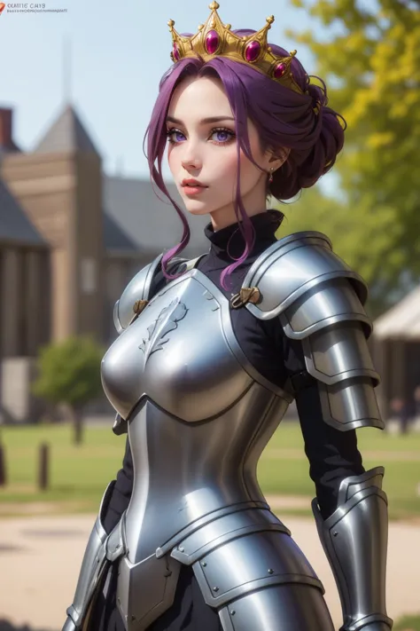 photorealistic, (4k), depth of field, (Masterpiece), (realistic skin texture), extremely detailed, intricate, hyper detailed, professional photography, bokeh, high resolution, sharp detail, best quality, woman, purple hair, purple eyes, armor, breastplate, armored dress, crown, earrings,  <lora:GoodHands-vanilla:1> , <lora:detail_slider_v4:0.8> , <lora:Mirelia Q Melromarc:0.7> , dynamic pose, (chin in hand), battlefield,large breasts,