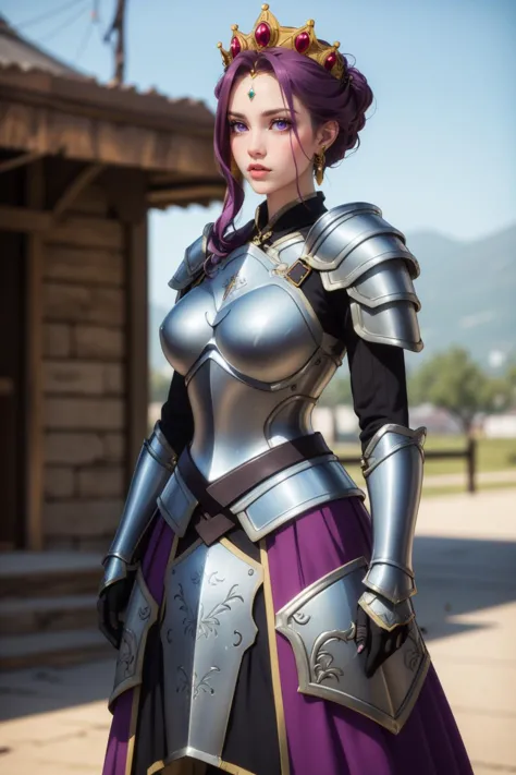 a woman in a purple dress and armor poses for a picture