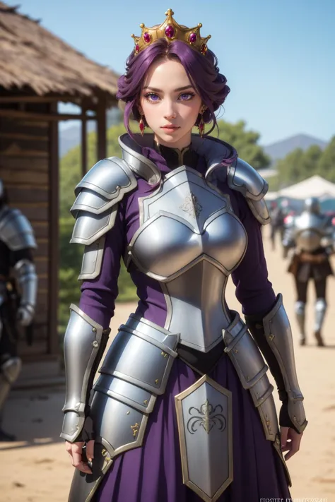 a woman in a purple dress and armor standing in front of a building