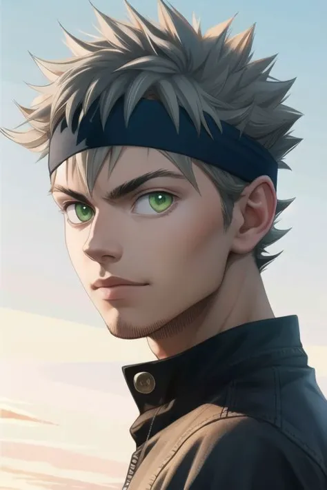 masterpiece, best quality, high quality, 1boy, solo, male focus, looking at viewer, upper body, <lora:asta:0.5>, asta, green eyes, headband, grey hair, spiked hair, realistic,