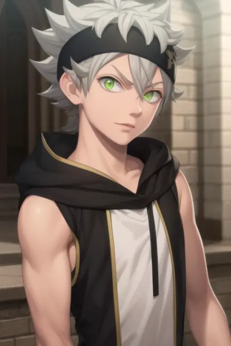 masterpiece, best quality, high quality, 1boy, solo, male focus, looking at viewer, upper body, <lora:asta:0.72>, asta, green eyes, headband, grey hair, spiked hair, realistic
