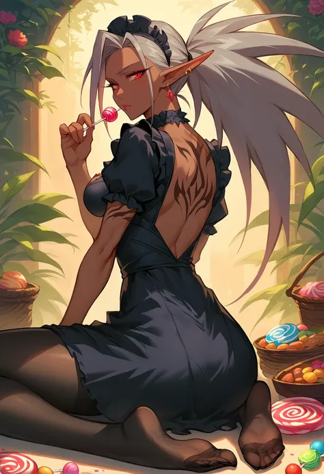 anime girl with white hair and a black dress sitting on a rug