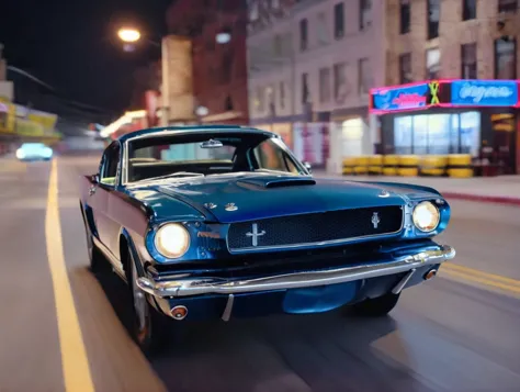 arafed image of a blue mustang driving down a city street