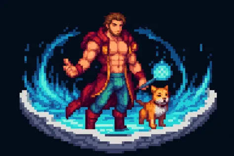 (illustration),anime, mature man, (human handsome guy), effect,fantasy, floating seal magic, mage, training room, pet dog, bulge...