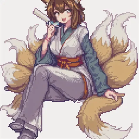 masterpiece,best quality,pixelsprite,pixel art,
1girl, animal ears, tail, fox ears, fox tail, multiple tails, solo, brown hair, ...