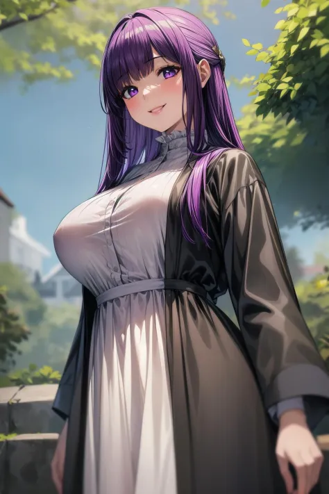 best quality, masterpiece, 1girl, (solo:1.1), raytracing, ultra detailed,detailed face, 8k wallpaper, wide hips, FernNDV, 1girl, purple hair, purple eyes, large breasts, long hair, open clothes, black robe,long white dress, smile, outdoor