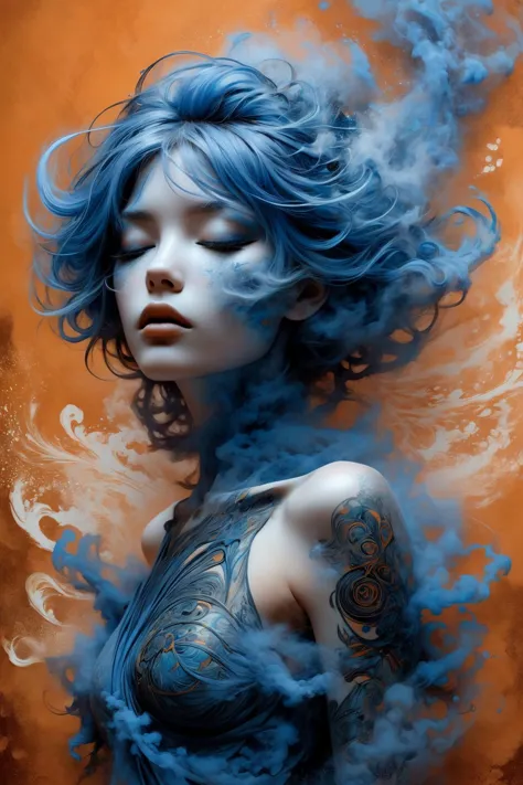 a woman with blue hair and tattoos is surrounded by smoke