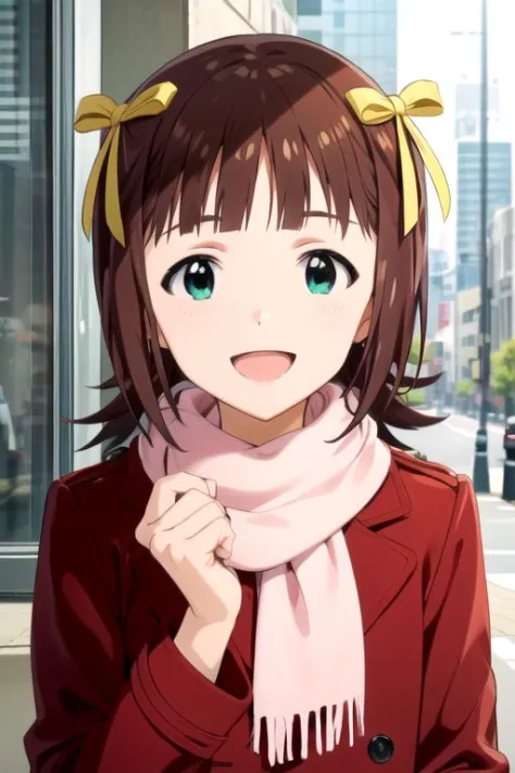 (((pixel-perfect, detail-perfect))), solo, 1girl, <lora:haruka-idolmaster:0.8>, haruka amami, yellow ribbons, red coat, scarf, l...