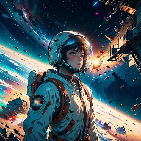 A cinematic photo of a 25 year old Japanese Male floating in outer space above earth, Earth in the background below, Small bits of space junk flying in the background, Destroyed ships in the background, He is wearing white astronaut space suit, with helmet, Stars in background, (Dazzling lights:1.2),  Beautiful colors, Complex, beautiful, Slick, Cyberpunk style, Matrix style, Holographic systems, Glitch, Sci fi, Chromatic, holographic, dramatic, atmospheric, Masterpiece, Ultra detailed, Front facing view, Studio Anime, (Anime:1.2), SimplepositiveXLv1