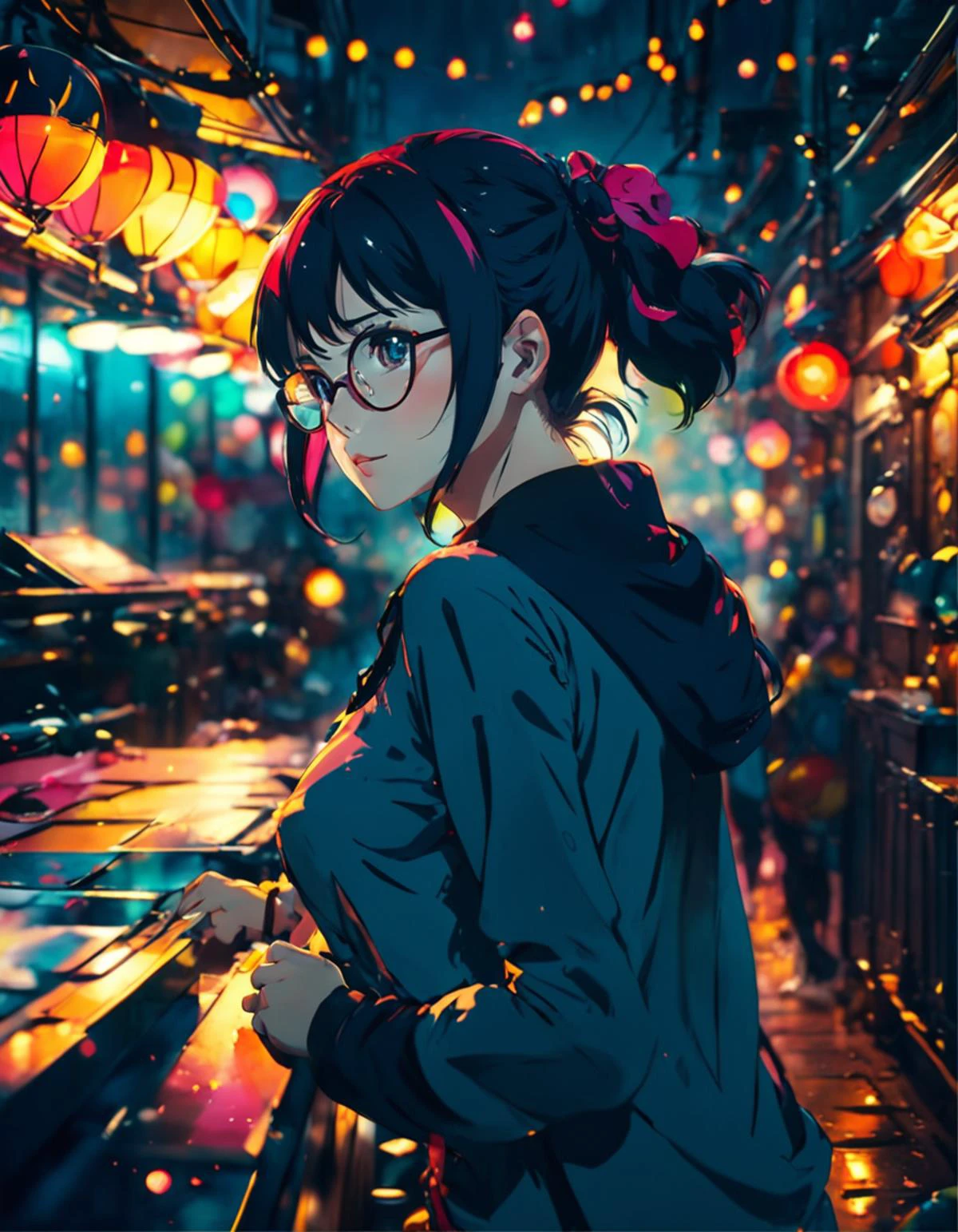 A woman in glasses standing in the rain at night - SeaArt AI