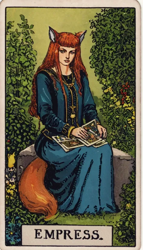 SWholo sitting in the garden, "empress" text,  ginger hair, (animal ears:1.2),  (spicy tail:1.2), blue jacket outfit, <lora:tarot16-subset:1> lks73zb1, tarot card style ,  <lora:SWHolo:0.8>