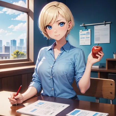 woman, blue blouse with pocket, buttons, id card badge, short blonde hair, blue eyes, sitting, holding red apple, wooden desk, h...