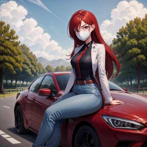 woman, sitting on car hood, long red hair, brown eyes, medical face mask, ear, earring, white coat, black blouse, tie, jeans, bl...