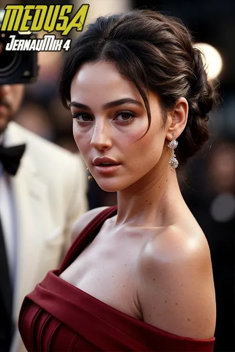 a close up of a woman in a red dress with a camera