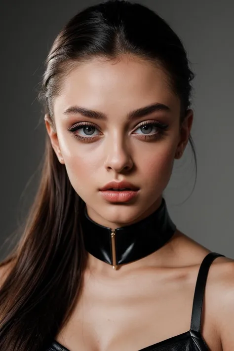 a woman in a black leather top and choker posing for a picture