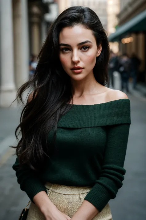photo of gorgeous (mbe11ucci:0.99), a beautiful woman, perfect hair, (modern photo), (Grass Green off-shoulder sweater), 85mm, (...