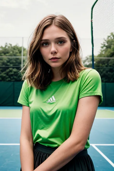 Foto von (el10lsen-130:0.99), Nahaufnahmeporträt, Perfektes kurzes Haar, (Modernes Foto, Chartreuse sexy Grafik-T-Shirt), 24mm, (analog, filmisch, Filmkorn:1.3), ((schlichter Tennis Court Green Hintergrund, Gradient:1.1)), Detaillierte Augen, (Verführerische Pose), (epischFoto), Oberkörper, (Betrachter betrachten)