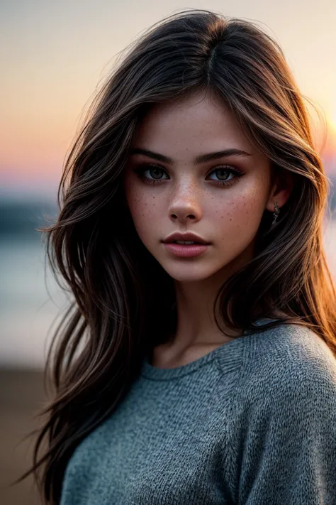 a woman with long hair and a sweater on standing on a beach