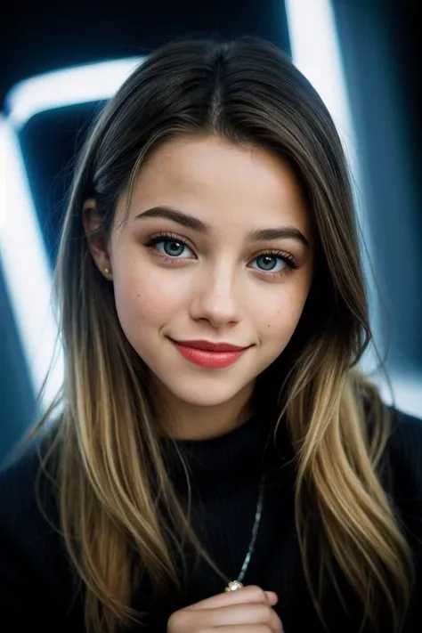 a close up of a young woman with long hair and a necklace