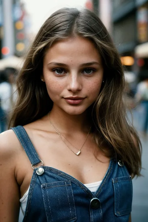 a close up of a woman in a denim dress on a city street