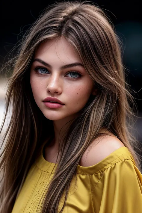 a close up of a woman with long hair wearing a yellow top