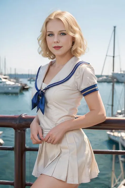 Ann0ndBWTTXV1D,
a beautiful smiling blonde woman posing for masterpiece photo in a sailor outfit, (harbor ambience:1.3), (1930s ...
