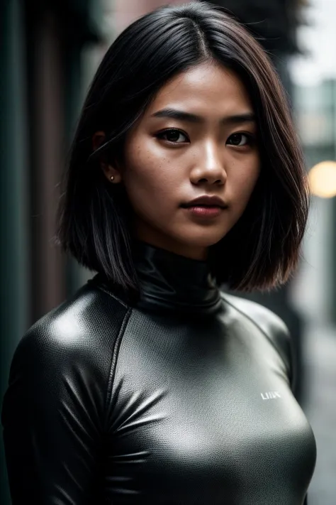 photo of beautiful (singapur woman:0.99), a woman with perfect hair, wearing Cement Gray (rash guard:1.1),  (creepy alleyway:1.1...