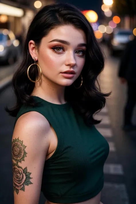 photo of (miaalves:0.99), closeup portrait, perfect hair, (modern photo, Melon tight top), 24mm, (analog, cinematic, film grain:1.3), (on the streets of Paris, nighttime, gritty:1.1), detailed eyes, (seductive pose), (epicPhoto), upper body, (looking at viewer), earrings, (eyeliner, eyelashes)