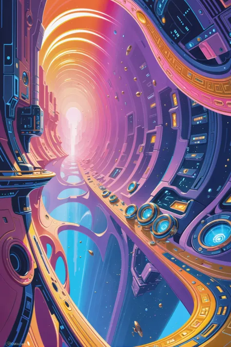 a painting of a futuristic city with a bright light coming out of it