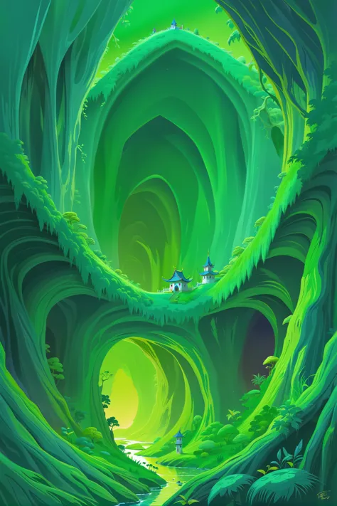 a painting of a green tunnel with a stream running through it