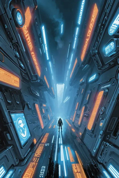 a man walking through a futuristic city with neon lights