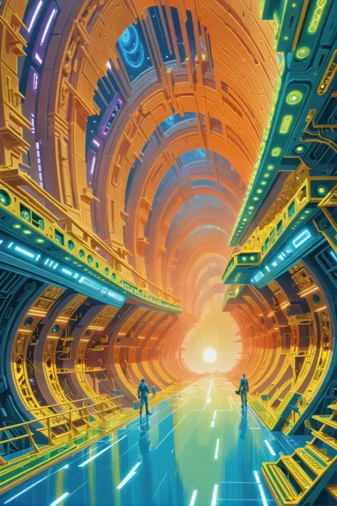 a painting of two people walking through a futuristic space station