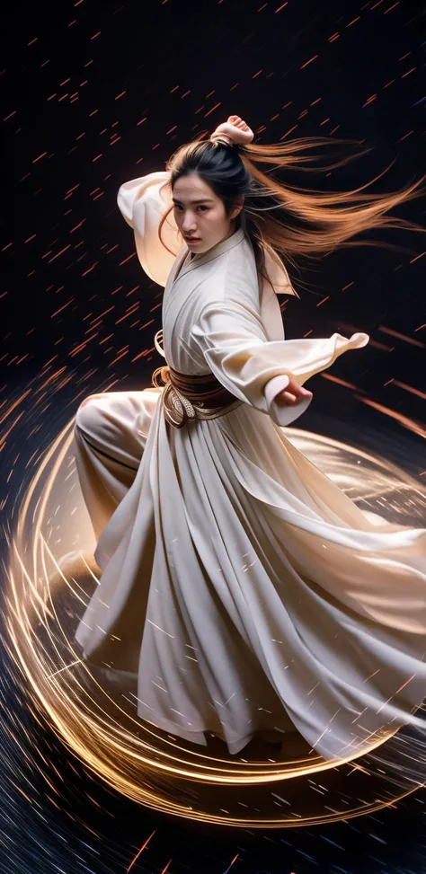 Chinese 용감한 arts movie stills,카우보이 샷,모션 블러,A Chinese woman uses Qing Kung to fly on a black background 그리고 Wearing Hanfu,용감한,Motion blurred h그리고s, 물이 그녀의 몸을 둘러싸고 있다, 적열하는,(흐르는 빛의 입자),흐르는 연기,싸우는 자세,best quality 그리고 best aesthetic 그리고 (사실적인:1.4) 그리고 (현실적인:1.4),후지필름 XT3,영화 스틸,필름 그레인,시네마틱,looking at viewer 그리고 facing viewer, 상세한 얼굴 특징, 상세한 눈, 상세한 코, 상세한 입술,(레이저 광) 그리고 (적열하는 magic circle:1.4)